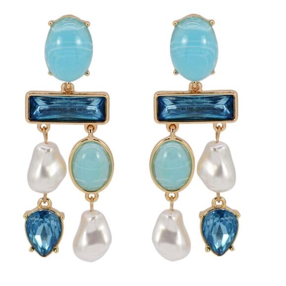 Turquoise and Tiffany Blue Chandelier Style Earrings*Gold tone*Faux Pearls - Picture 1 of 1